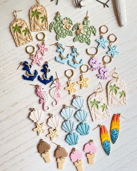 🌊✨ Hi everyone! The summer earrings (part I) just dropped in my shop! Dive into my beach-themed collection now! Beach Themed Polymer Clay Earrings, Jewelry Polymer Clay, Earrings Beach, Summer Earrings, Clay Jewellery, Silver Ornaments, Pottery Crafts, Summer Earring, Ear Rings