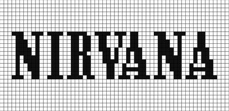 A pixel art template of the Nirvana logo (text), black on white. Perler Bead Patterns Music Rock Bands, Grunge Pixel Art, Nirvana Pixel Grid, Band Logo Pixel Art, Gorillaz Alpha Pattern, Metallica Alpha Pattern, Music Alpha Pattern, Rock Band Alpha Pattern, Easy Pixel Art