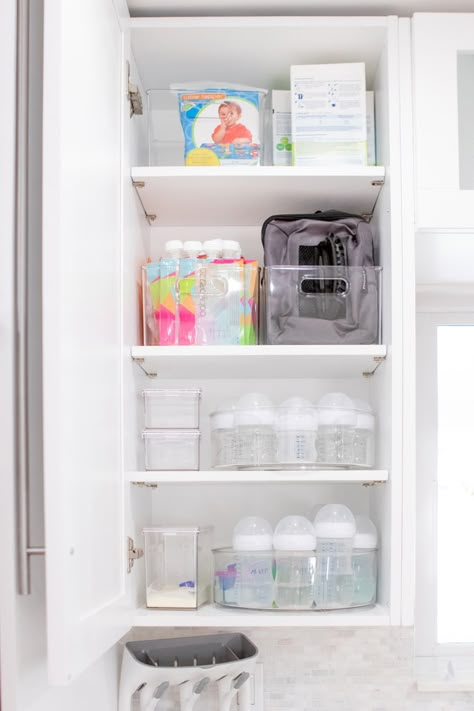 How To: Make Space For Baby In The Kitchen - Blame it on Mei | Miami Mom Blogger Mei Jorge How To Organize Bottles, Paci Clip Organization, Bottle And Pump Part Organization, Baby Storage Kitchen, Kitchen Baby Bottle Organization, Pump And Bottle Organization, Organize Baby Bottles In Kitchen, Baby Kitchen Cabinet Organization, Baby Storage Organization