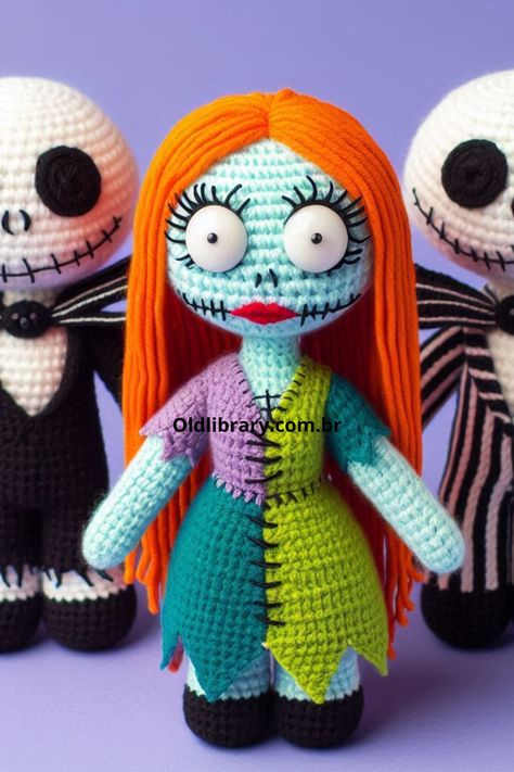 Create your own Sally from The Nightmare Before Christmas with this crochet amigurumi pattern. Perfect for Halloween or Tim Burton fans! Free Crochet Nightmare Before Christmas, Crochet Sally Doll Free Pattern, Sally Crochet Pattern Free, Oogie Boogie Amigurumi Free Pattern, Tim Burton Crochet Pattern Free, Jack Skellington Amigurumi Free Pattern, Pennywise Crochet Pattern Free, The Nightmare Before Christmas Crochet, Crochet Jack Skellington Pattern Free