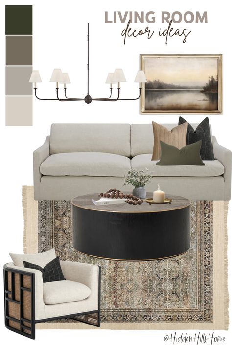 Moody living room decor mood board with black, olive green, and brown tones throughout! Living room ideas and inspiration Black Beige Olive Living Room, Gray Cream And Green Living Room, Neutral And Black And White And Green Living Room, Layla Olive Charcoal Rug Living Room, Olive And Gray Living Room, Neutral Black And Green Living Room, Gray Black Brown Green Living Room, Black Tan Green Living Room, Loloi Olive Charcoal Rug Living Room