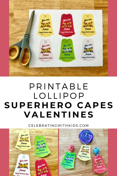 Are you looking for Valentine’s Day Kids Ideas? These Printable Lollipop Superhero Capes Valentines will surely put a smile on your kid’s face! They are perfect for family, friends, and classmates! Superhero Lollipop Capes Free Printables, Superhero Lollipop, Superhero Toddler, Superhero Valentines, Superman Cape, Making Friendship Bracelets, Tootsie Pop, Diy Valentines Cards, Toddler Valentines