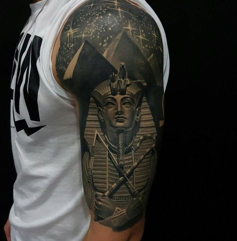 Tutankhamun & Pyramids Egyption Tattoo King Tut Tattoo, Hieroglyphics Tattoo, Pyramid Tattoo, Egyptian Tattoo Sleeve, Egypt Tattoo, King Tattoos, Egyptian Tattoo, Full Sleeve Tattoos, Arm Sleeve Tattoos