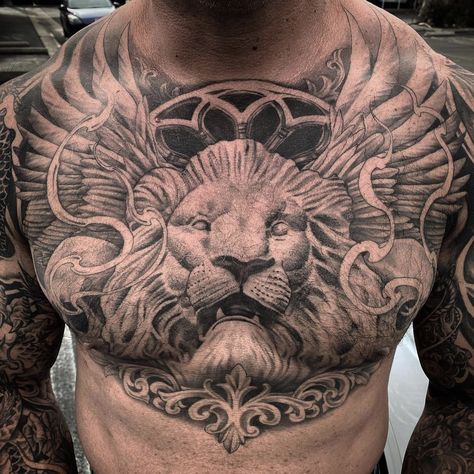 Lion Chest Piece Tattoo, Filigree Chest Tattoo Men, Man Chest Tattoo Ideas, Tiger Chest Tattoo Female, Animal Chest Tattoo Men, Mens Chest Piece Tattoo, Lion Chest Tattoo Men, Animal Chest Tattoo, Lion Tattoo Chest