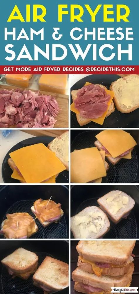 Air Fried Ham And Cheese Sandwich, Fried Ham And Cheese Sandwich, Grilled Ham And Cheese In Air Fryer, Air Fryer Sandwich Melts, Sandwiches In Air Fryer, Air Fryer Sandwich Recipes, Cheese And Ham Sandwich, Air Fryer Ham, Ham And Cheese Toastie