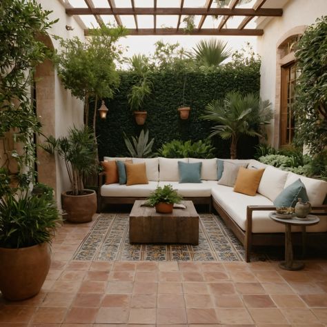 A modern outdoor patio with Mediterranean influences, including a tiled floor, comfortable seating, and large potted plants for a relaxing outdoor retreat. #OutdoorPatio #Mediterranean #TiledFloor #PottedPlants #ComfortableSeating Mediterranean Outdoor Living Spaces, Italian Terrace, Italian Patio, House Lounge, Modern Outdoor Patio, Tiled Floor, Pool Landscape, Pool Landscape Design, Tuscan House