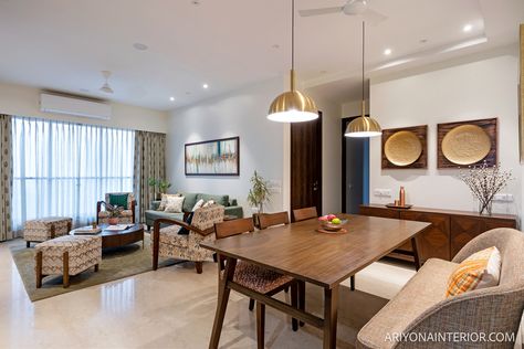 Living and Dining of Vivid Indian Small Apartment Interiors, Dining Room Ceiling Fan, Theme House, Nice Houses, Wall Colours, Small Apartment Interior, Dining Table In Living Room, Latest Living Room Designs, Indian Home Design