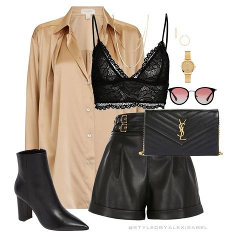 Silk Shorts Outfit, Ysl Outfit, Girl Boss Outfit, Leather Shorts Outfit, Outfit Night Club, Black Leather Shorts, Paperbag Shorts, Clubbing Outfits, Silk Button Up