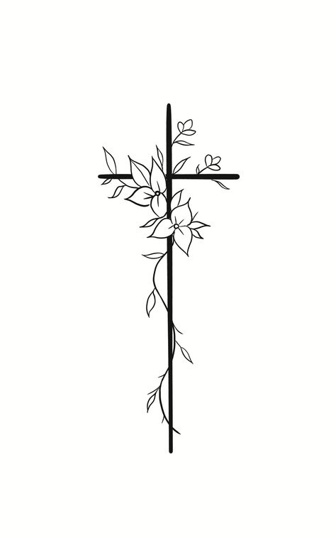 Cross With Morning Glory Tattoo, Cross Drawing Sketches, Cross With Vines, Faith Cross Tattoos, Cross With Flowers, Small Cross Tattoos, Vintage Flower Tattoo, Simple Cross Tattoo, Tattoo Cross