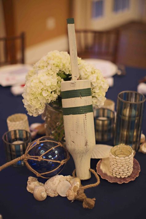 Rehearsal Dinners Photos - Wooden Buoy Centerpiece - Inside Weddings Lobster Bake Rehearsal Dinner, Nautical Centerpieces, Crab Boil Party, Rehearsal Dinner Ideas, Nautical Centerpiece, Centerpieces For Wedding, Lobster Bake, Rehearsal Dinner Decorations, Nantucket Massachusetts