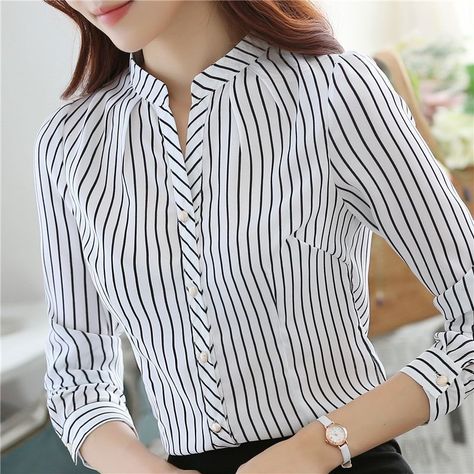 Office Wear Shirt, Formal Blouses, Fashion Nova Plus Size, Striped Shirt Women, Office Wear Women, Korean Fashion Trends, Striped Long Sleeve Shirt, Plus Size Kleidung, Fashion Korean