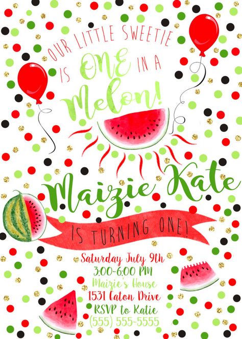 Watermelon One in a Melon First Birthday by TeaTimePrintables One In A Melon Invitation Template, One In A Melon First Birthday Invitation, One In A Melon First Birthday, One In A Melon Invitation, Watermelon Invitations, Melon Birthday, Watermelon Theme, Watermelon Birthday Parties, Summer Invitation