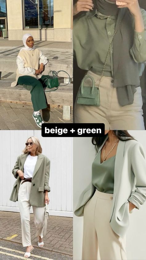 Beige Outfit Color Combos, Green Clothes Combination, Best Colour Combinations Clothes, Luxury Lifestyle Outfits, Beige Color Combinations Outfit, Beige And Green Outfit, Green Combination Outfit, Colour Combinations Clothes For Women, Green And Beige Outfit