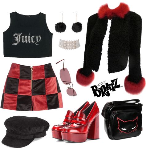 Red Bratz Outfit, Bratz Doll Outfits Aesthetic, 2000s Fashion Outfits Red, Bratz Outfit Aesthetic, Bratz Inspo Outfit Sasha, 2000s Bratz Outfits, Y2k Bratz Outfits, Bratz Style Outfit, Y2k Rock Aesthetic