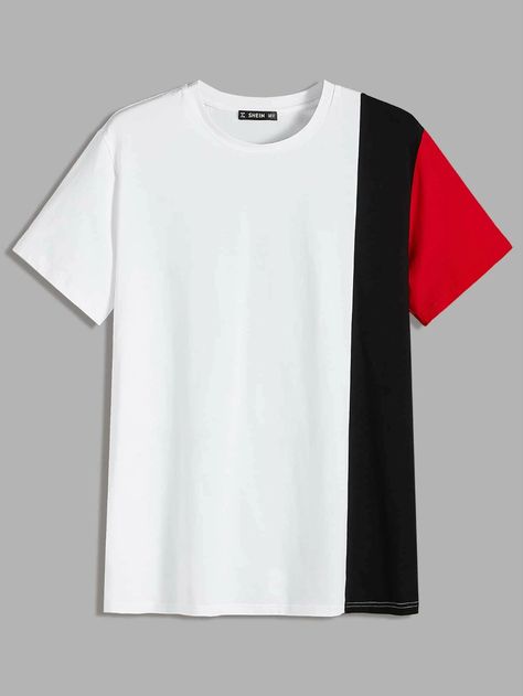 Men's Tshirt Design, Gents T Shirts, Shein Men, Sport Shirt Design, Costume Noir, Tee Shirt Fashion, Men Fashion Casual Shirts, Color Block Tee, Tshirt Design Men