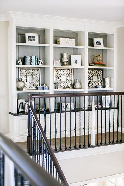 Mirror Hack, Top Of Stairs, Ikea Mirror, Interior Decorating Tips, Bookcase Styling, Stair Case, White Bookcase, Coastal Living Rooms, Room Shelves