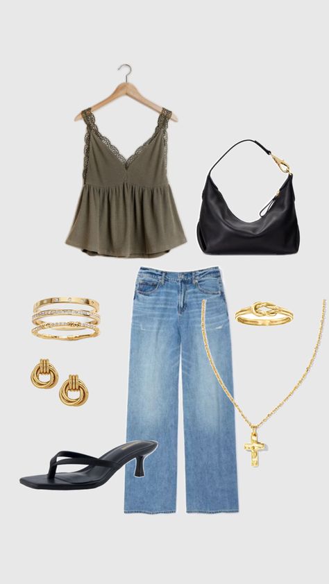 casual date outfit, flip flop heels, gold jewelry, baggy jean outfit, errand outfit, brunch outfit inspo Flip Flop Heels, Brunch Date Outfit, Errand Outfit, Casual Date Outfit, Outfit Brunch, Baggy Jeans Outfit, Jean Outfit, Errands Outfit, Casual Work Outfits Women