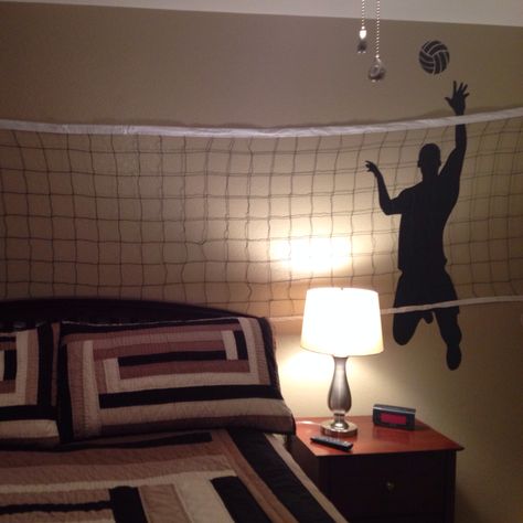 Boys volleyball bedroom: wall decal from Amazon and net from WalMart Volleyball Room Decor, Girls Sports Room, Volleyball Bedroom, Volleyball Room, Boys Volleyball, Posters On Wall Bedroom, Volleyball Inspiration, Sports Wall Decor, Sports Wall Decals