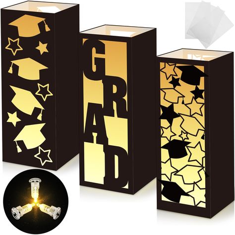 PRICES MAY VARY. Rich Graduation Party Supplies: this set includes 3 pieces of graduation lantern decoration paper boxes, 3 pieces of lantern lights; The combination of black and hollow patterns adds an elegant and festive look, nice for graduation parties and events Easy to Assemble: graduation decoration paper box is about 7.48 x 2.76 inches/ 19 x 7 cm, can be assembled in minutes, has glue points, does not require many tools or expertise; Just fold according to the lines, and it is ready to u Luminary Bags, Lantern Table Centerpieces, Graduation Table Centerpieces, Luminaries Bags, Graduation Table, Graduation Tables, Graduation Party Decorations, Graduation Party Favors, Lantern Candle Decor