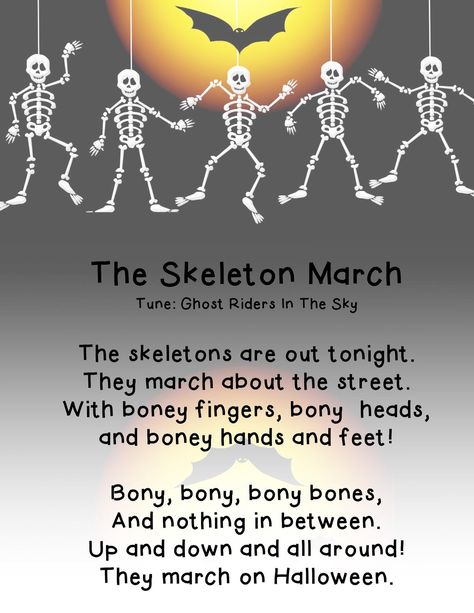 Skeletons! Click to here this song and download a free poster. Skeleton Songs Preschool, Skeleton Preschool, Halloween Poems For Kids, Halloween Literature, October Lesson Plans, October Lessons, Skeleton Theme, Preschool Music Activities, Halloween Poems