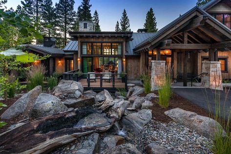 Sold Home 518 - Martis Camp Rock Water Feature, Mountain Home Exterior, Martis Camp, Modern Mountain Home, Modern Rustic Homes, Mountain House Plans, Rustic Home Design, Mountain Modern, Modern Mountain