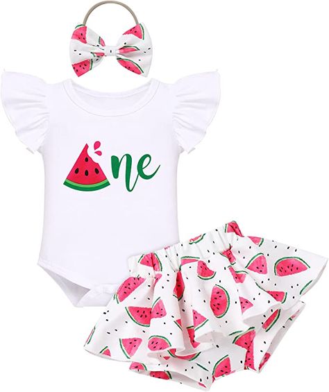 Baby Girls 1st Birthday Outfit Sunflower Mouse Peach Romper+Ruffled Shorts+Headband 3PCS Summer Clothes Set Strawberry Romper, Melon Cake, Watermelon Outfit, Luau Outfits, 1st Birthday Outfit Girl, Watermelon Theme, Fruit Watermelon, Ruffled Shorts, 1st Birthday Cake Smash