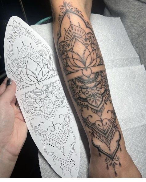 Forearm Tattoo Women Sleeve Mandala, Sleeve Wrist Tattoos, Forearm Tattoo Women Sleeve, Mandala Tattoo Sleeve Women, Forearm Mandala Tattoo, Tattoo Sleeve Women, Lace Sleeve Tattoos, Mandala Arm Tattoos, Half Sleeve Tattoos Forearm