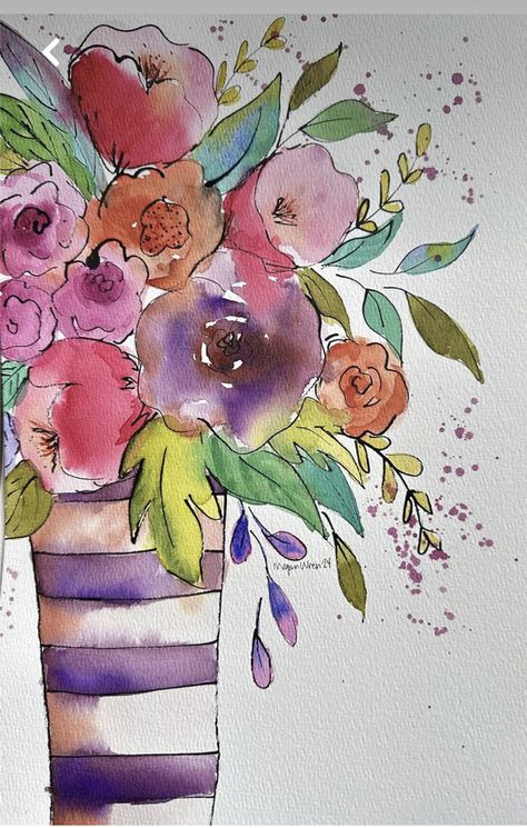 Flower Bouquet Drawing Watercolor Print, Watercolour Abstract Painting, Watercolor Flowers In Vase, Watercolor And Ink Flowers, Flowers In Vase Painting, Watercolor Paintings For Beginners, Diy Watercolor Painting, Gold Watercolor, Pink And Purple Flowers