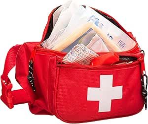 NOVAMEDIC First Aid Fanny Pack Stocked with 75 Piece Emergency Essentials, 8"x2"x6", Waist Bag w/ 3 Zippered Compartments & Adjustable Strap for Lifeguard, Hiking, Travel Men & Women, Durable, Red Emergency Essentials, School Field Trip, Emergency Bag, Medical Symbols, First Aid Supplies, First Aid Kit, Garden Tote, First Aid, Medical Supplies