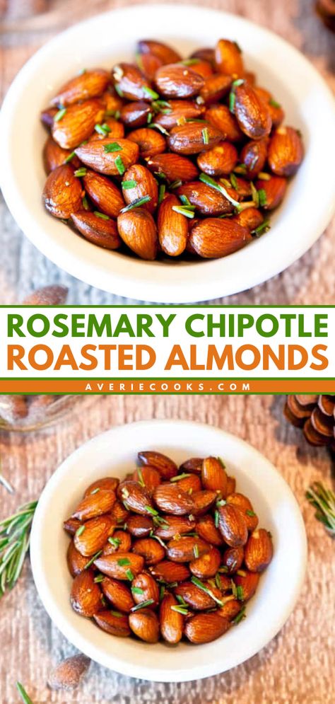 An easy game day food featuring savory roasted nuts! They're also a great New Year recipe. Flavored with rosemary and chipotle, these roasted almonds are delicious. Plus, this Super Bowl party idea is vegan, gluten-free, soy-free, and dairy-free! Easy Game Day Food, Roast Almonds, Easy Roast, Autoimmune Paleo Recipes, New Years Eve Food, Autoimmune Paleo, Football Party Food, Roasted Nuts, Super Bowl Party