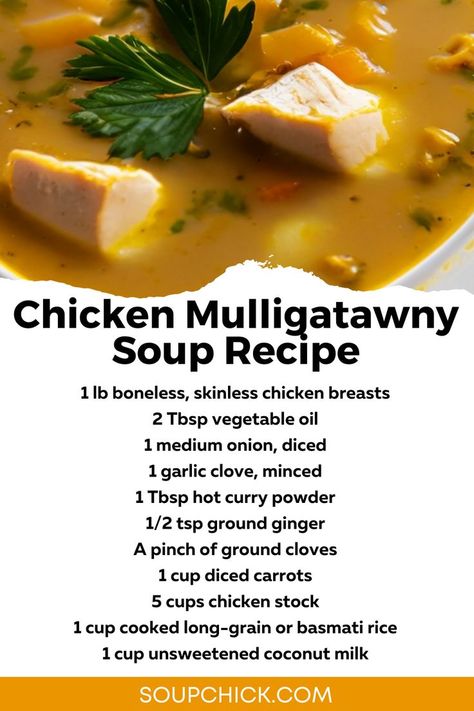 Chicken Mulligatawny Soup Recipe Chicken Mulligatawny Soup, Chicken Mulligatawny, Mulligatawny Soup Recipe, Mulligatawny Soup, Bone Soup, Coconut Milk Recipes, Coconut Milk Curry, Easy Soup, Unsweetened Coconut Milk