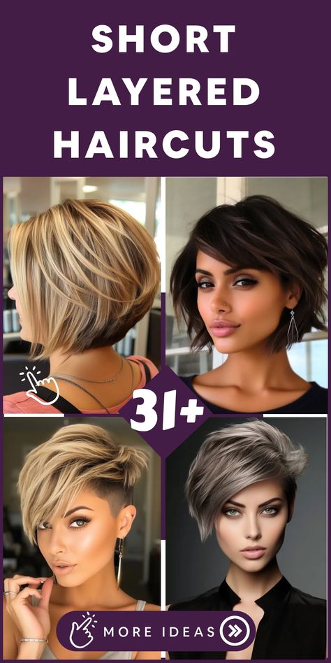 Discover a modern and stylish transformation with short layered haircuts! Elevate your look by adding volume and texture to your hair, whether you opt for a playful pixie cut or a classic bob. These versatile styles can be tailored to enhance your unique features and personal style. Step into a world of chic and trendy vibes with short layered haircuts that exude confidence and sophistication. Between Pixie And Bob Hairstyles, Short Hair Styles Layer Cut, Step Short Haircut, Edgy Pixie Bob Haircut, Short Youthful Haircuts, Graduated Layered Bob, Short Hairstyles With Thick Hair, Short Back Haircut For Women, Volume Pixie Haircut