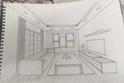 Perspektif 1 Titik Hilang Interior, Room In One Point Perspective, Room Perspective Drawing, Perspective Room, Conceptual Model Architecture, Interior Design Student, Architecture Drawing Plan, Perspective Drawing Architecture, Interior Design Renderings