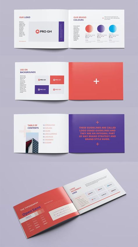 Logo Usage Guidelines Template InDesign. A5 Landscape. Guideline Template, Corporate Profile, Style Guide Design, Graphic Design Infographic, Brand Style Guide, Company Profile, Brand Guidelines, Brand Colors, Design Solutions