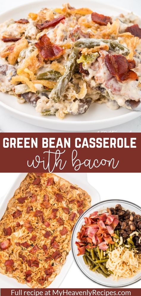 green bean casserole with bacon Mushrooms Thanksgiving, Green Bean Casserole With Bacon, Cheese Green Bean Casserole, Green Casserole, Christmas Side Dish, Thanksgiving Vegetable Sides, Casserole With Bacon, Thanksgiving Gravy, Green Bean Casserole Recipe