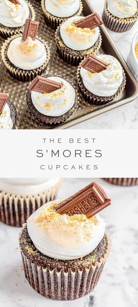 s'mores cupcakes lined on sheet pan, overlay text, close up of s'mores cupcake S’more’s Cupcakes, Mini Smores Cupcakes, Easy Smores Cupcakes Recipe, Smores Cupcakes Marshmallow Filled, Cupcake Recipes Smores, Chocolate Smores Cupcakes, S’more Dessert Recipes, Smore Cupcakes Recipe, S’mores Cupcakes With Marshmallow Frosting