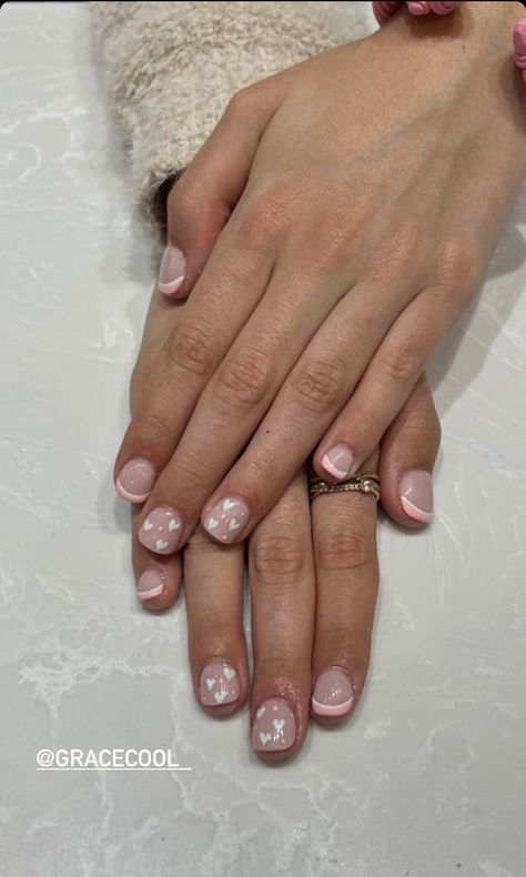 pink heart nails | short pink nails | short nails with hearts aesthetic | aesthetic short nails | valentine short nails | lover era nails | heart nails | pink and white heart nails short | short nail design inspo Short Nails With Hearts, Valentine Short Nails, Lover Era Nails, Heart Nails Short, Aesthetic Short Nails, White Heart Nails, Heart Nails Pink, Era Nails, Aesthetic Pink Nails