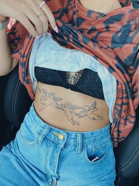 Upper Stomach Tattoos Women, Unique Chest Tattoo Female, Chest Tattoo Designs Female, Tattoo Sternum, Really Bad Tattoos, Abdomen Tattoo, Stomach Tattoos Women, Cherub Tattoo, Chest Tattoos For Women