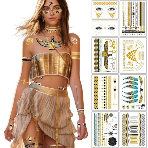 Metallic Temporary Tattoo, Gold Tattoos, Gold Temporary Tattoo, Tattoos Set, Purim Costumes, Egyptian Gold, Metallic Tattoo Temporary, Spring Break Vacations, Burning Man Costume