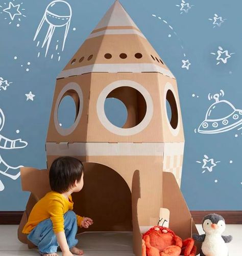 How cute is this Rocket !? Measureing 1m x 1m x 1.2m Hours and hours of fun! Play House Indoor, Cardboard Rocket, Fun Garden Art, Diy Rocket, Rockets For Kids, Cardboard Design, Cardboard Art, Space Party, Space Birthday