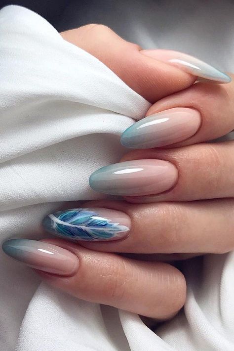 30 Pinterest Nails Wedding Ideas You Will Like ❤ pinterest nails nude blue ombre and feathers majamarkowicz #weddingforward #wedding #bride #weddingnails #pinterestnails Acrylic Nail Shapes, Winter Nails Acrylic, Almond Nails Designs, Almond Acrylic Nails, Nail Tattoo, Glitter Nail, Manicure Y Pedicure, Glitter Nail Art, Nail Shapes