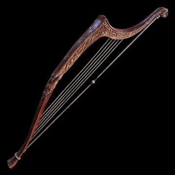 A long bow with a curved edge at the top made of dark wood, using several strings to resemble a harp. St Trina, Song Painting, Bow Fashion, Elden Ring, Skyrim, Harp, The Game, Castle, Ring