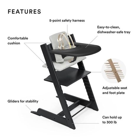 Introducing the Tripp Trapp High Chair and Cushion with Stokke Tray in Black with Nordic Grey. This adjustable, convertible high chair is the perfect solution for babies and toddlers. It offers ergonomic support and a sleek design that complements any modern home. #TrippTrappHighChair #ErgonomicSupport #ModernDesign Tripp Trapp High Chair, Convertible High Chair, Convertible Chair, Stokke Tripp Trapp, Tripp Trapp, Storm Grey, Children's Rights, Baby Set, Wood Chair