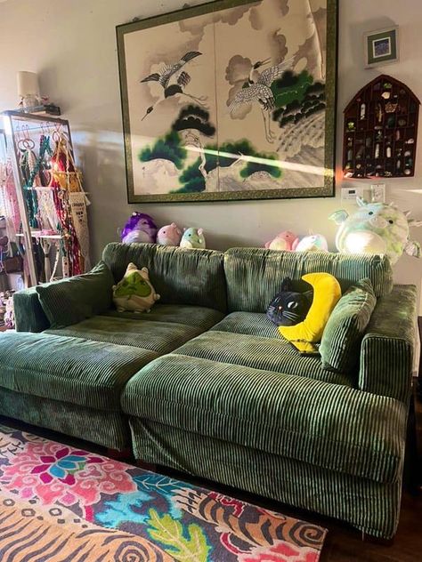 Fairy Witch Cottagecore Vibes | i finally got my dream couch 😭😭 it’s been hard to find one that matches my vibe but it’s perfect 😻 | Facebook Sofa Bed Ideas, Dream Couch, Dream Sofa, Dream Sofas, Green Couch, Thrift Store Furniture, Apartment Decor Inspiration, Bed Ideas, Apartment Interior Design