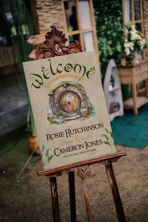 THE HOBBIT Wedding Welcome Sign Template Lord of the Rings Wedding Sign Editable Template Tolkien Wedding Hobbit Door Instant Download This cute hobbit door wedding welcome sign is a fully editable design. Personalize your template in Templett, an easy-to-use template editor that works in your web browser. Lord Of The Rings Invitations, Tolkien Wedding Ideas, The Hobbit Wedding, Tolkien Wedding, Middle Earth Wedding, Lotr Party, Lord Of The Rings Wedding, Hobbit Wedding, Elvish Wedding