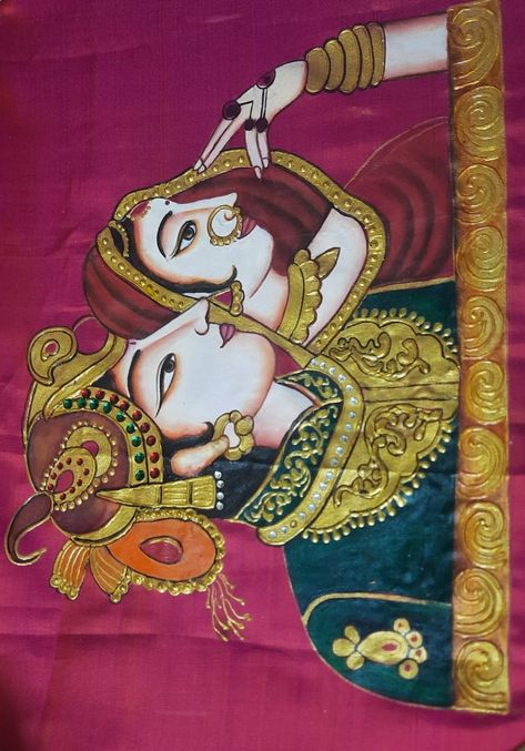 Fabric Tanjore Painting, Painting Blouses, Blouse Painting, Thanjavur Painting, Jeans Print, Cloth Painting, Wedding Symbols, Fabric Paint Diy, Embroidery Painting