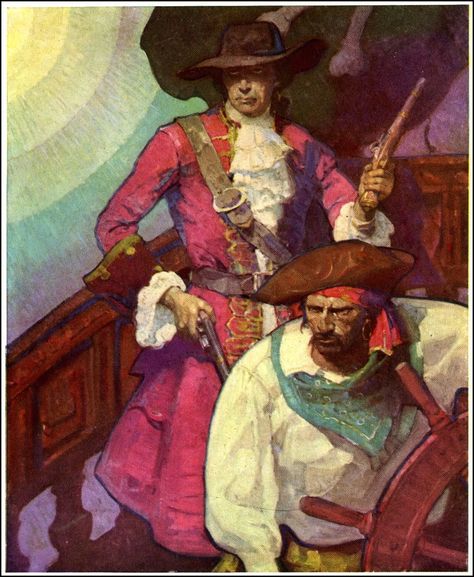 Illustration US : N. C. Wyeth, 1911, pirates, "l'île aux trésors", 1910s Mead Schaeffer, Stede Bonnet, Nc Wyeth, Howard Pyle, Robin Hobb, Long John Silver, Frederic Remington, American Illustration, Traditional Paintings