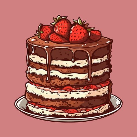 Digital Cake Drawing, Chocolate Cake Cartoon, Chocolate Cake Drawing, Cartoon Cake Drawing, Chocolate Cake Illustration, Cake Drawing Aesthetic, Strawberry Cartoon, Cake Stickers, Cake Cartoon