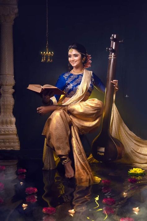 Saraswati Photoshoot, Tanpura Aesthetic, Ma Saraswati, Navratri Devi Images, Navratri Devi, Saraswati Mata, Maa Saraswati, Traditional Photography, Concept Shoot