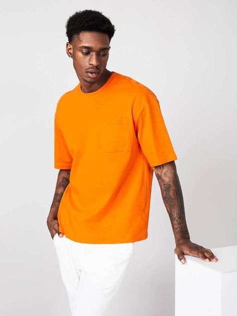 Orange Tshirt Outfits Man, Linen Outfit Men, Orange Shirt Outfit, Orange Dress Outfits, Neon Orange Dress, Dress Outfits Party, Shein Basics, White Pants Outfit, Pants Outfit Men